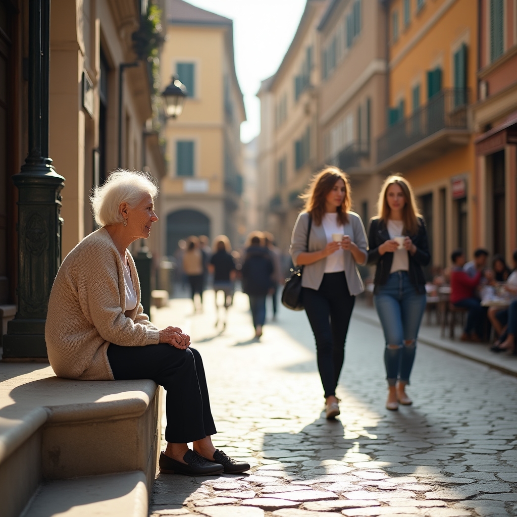 People gathered informally across a sunlit city plaza with mixed seating