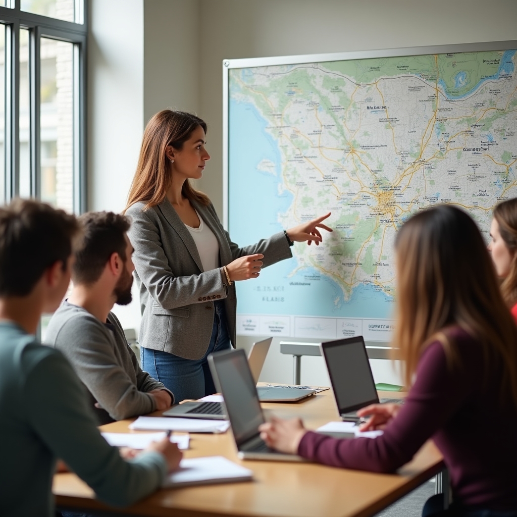 An instructor discussing a city map with a small group of students